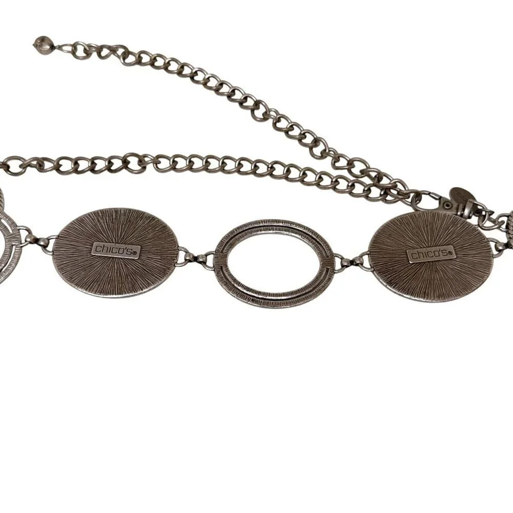 Chico's Link Belt Faux Turquoise Medallion Silvertone Chain Western Concho